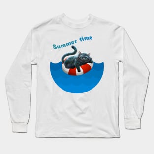 Summer cat chilling on pool Long Sleeve T-Shirt